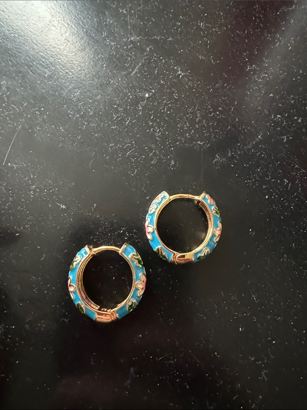 Blue floral gold hoop earrings
